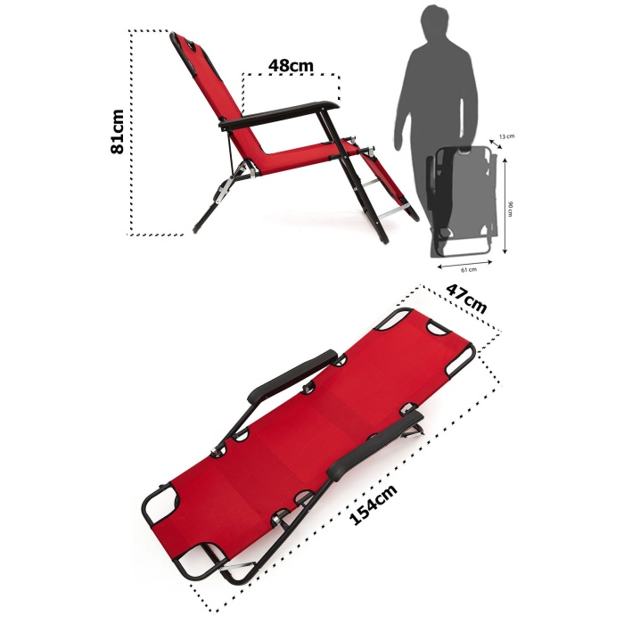 Litus Katlanır Şezlong Plaj Şezlongu Portatif Kamp ve Bahçe Şezlongu - Kırmızı