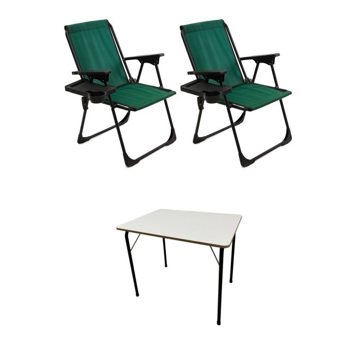 Natura 2 Adet Kamp Sandalyesi Piknik Sandalye Dikdörtgen Bardaklıklı Yeşil + Katlanır MDF Masa