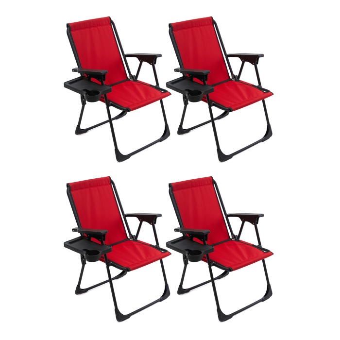 Natura 4 Adet Kamp Sandalyesi Katlanır Piknik Sandalye Dikdörtgen Bardaklıklı Kırmızı