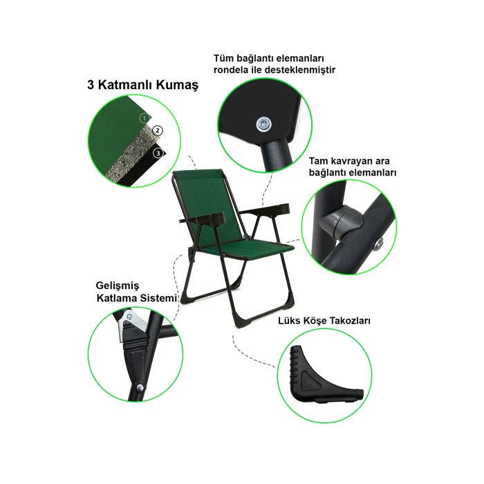Silva 3 Adet Kamp Sandalyesi Bardaklıklı Lüks Piknik Sandalye Yeşil + Katlanır Mdf Masa