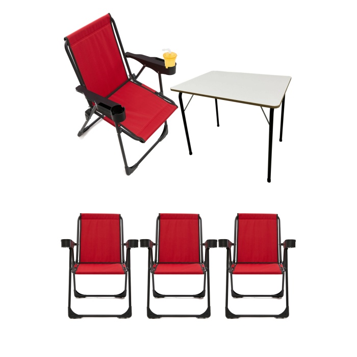 Silva 4 Adet Kamp Sandalyesi Bardaklıklı Lüks Piknik Sandalye Kırmızı + Katlanır Mdf Masa