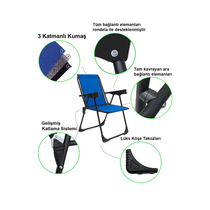 Silva 4 Adet Kamp Sandalyesi Bardaklıklı Lüks Piknik Sandalye Mavi + Katlanır Mdf Masa