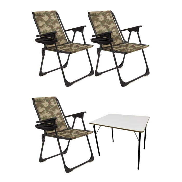 Natura 3 Adet Kamp Sandalyesi Piknik Sandalye Oval Bardaklıklı Kamuflaj + Katlanır MDF Masa