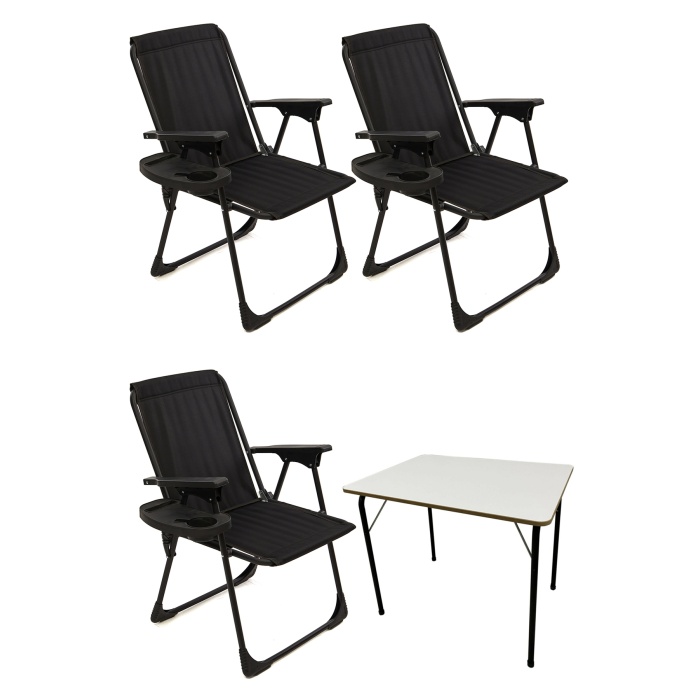 Natura 3 Adet Kamp Sandalyesi Piknik Sandalye Oval Bardaklıklı Siyah + Katlanır MDF Masa