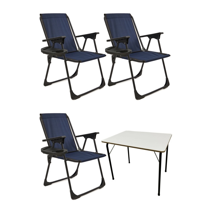 Natura 3 Adet Kamp Sandalyesi Piknik Sandalye Oval Bardaklıklı Lacivert + Katlanır MDF Masa