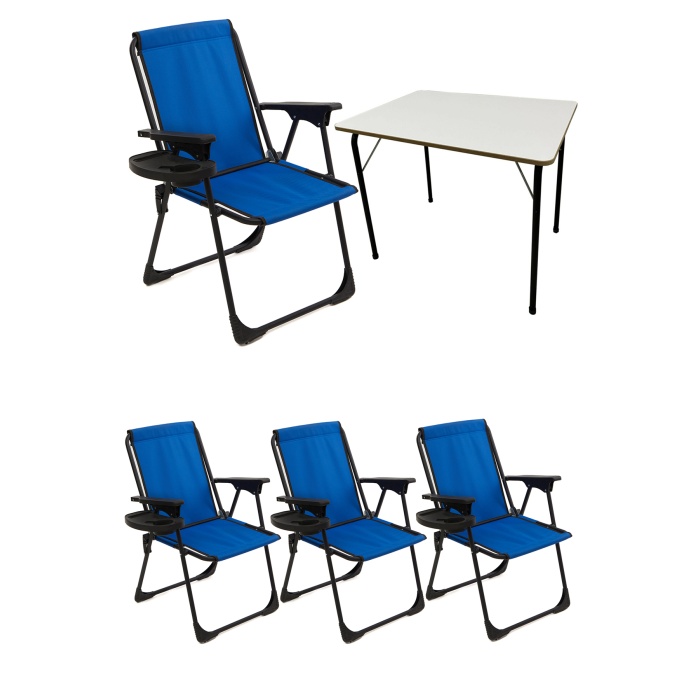 Natura 4 Adet Kamp Sandalyesi Piknik Sandalye Oval Bardaklıklı Mavi + Katlanır MDF Masa