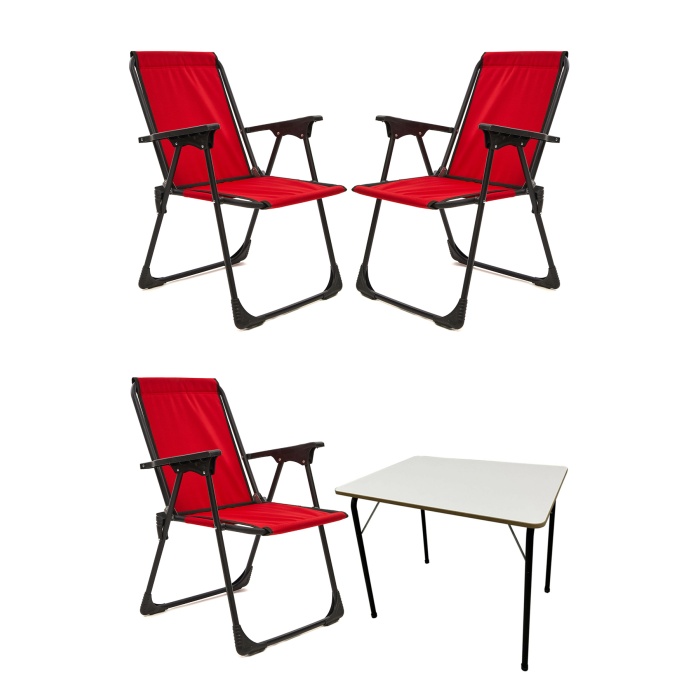 Natura 3 Adet Kamp Sandalyesi Piknik Sandalye Kırmızı + Katlanır MDF Masa