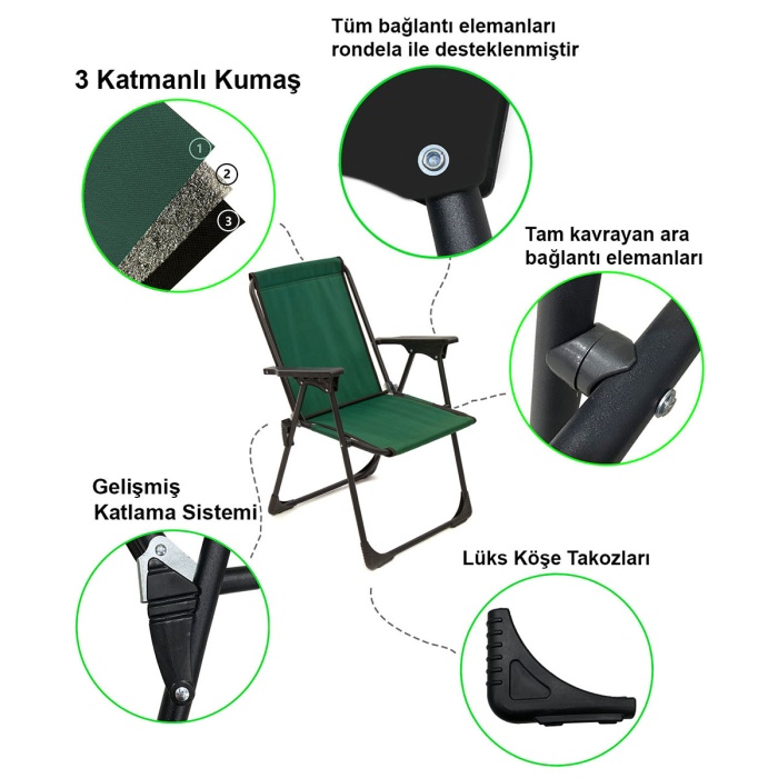 Natura 3 Adet Kamp Sandalyesi Piknik Sandalye Oval Bardaklıklı Yeşil + Katlanır MDF Masa