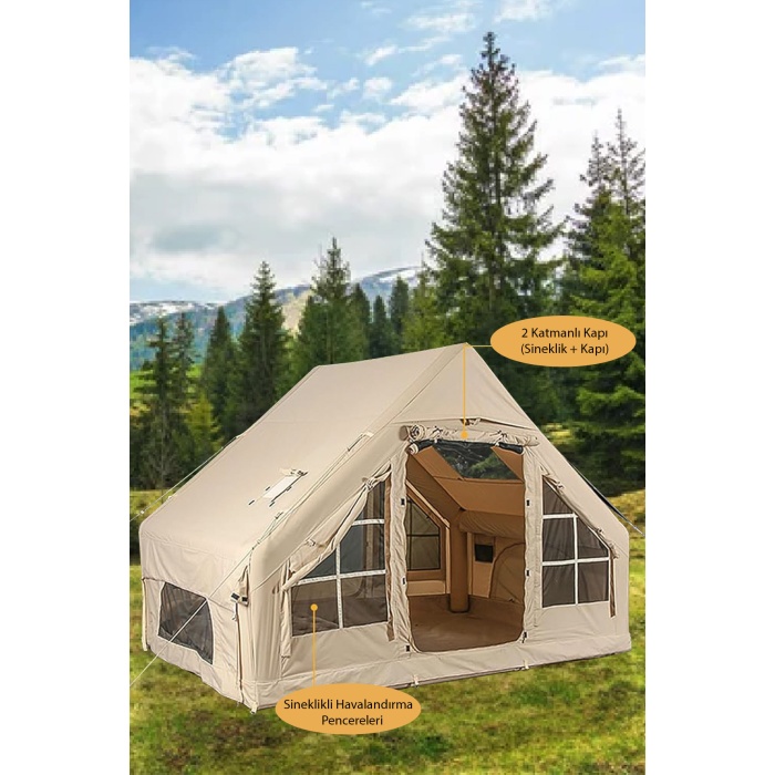 6 Kişilik 4 Mevsim Şişme Kamp Çadırı 6m2 300cm x 200cm x 210cm 420D Kumaş