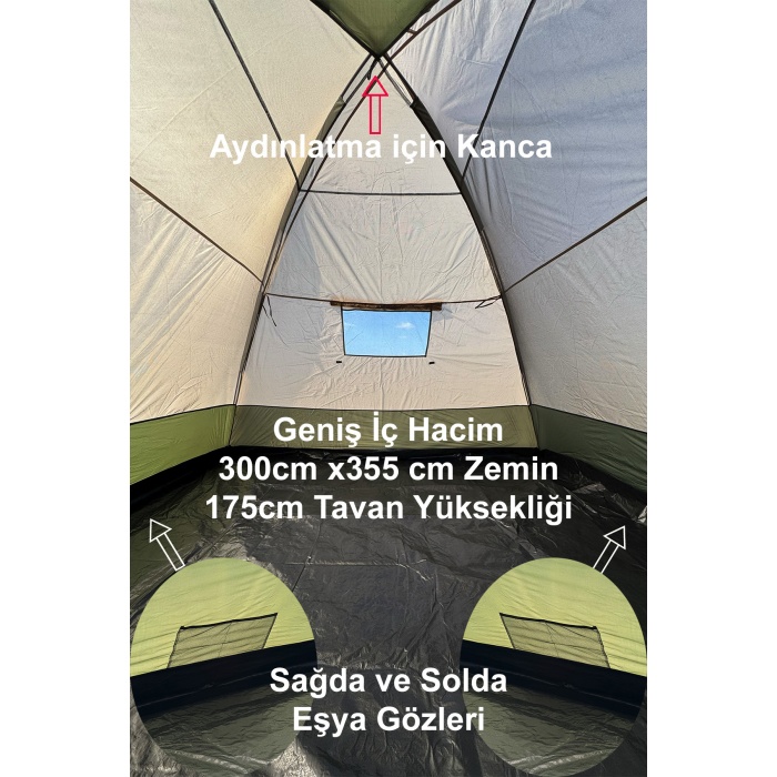 8 Kişilik Kamp Çadırı Aile Boy 3 Mevsim Çift Katmanlı Çift Renk Kumaş 300cm X 355cm X 175cm