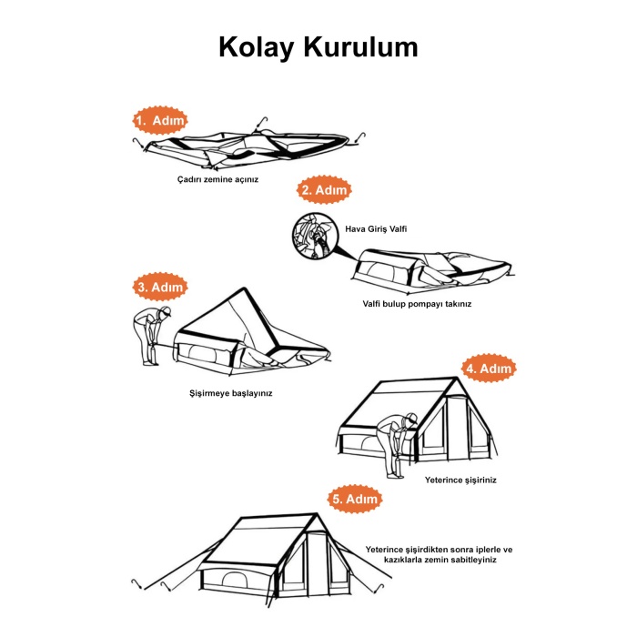 6 Kişilik 4 Mevsim Şişme Kamp Çadırı 6m2 300cm x 200cm x 210cm 420D Kumaş