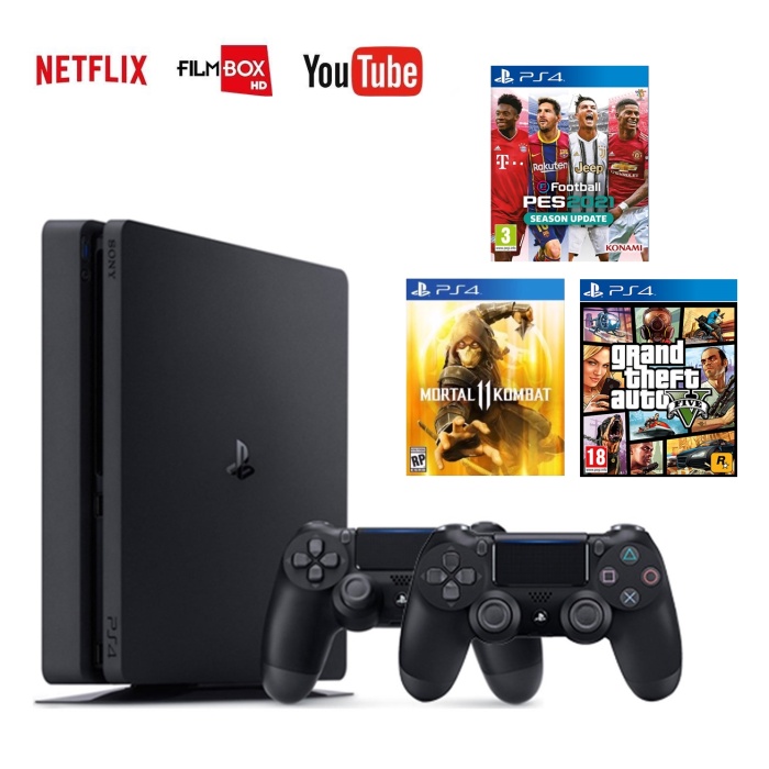 Sony Playstation 4 1TB + 2 Adet Sıfır Dualshock 4 + Pes 2021  Gta 5 Mortal kombat 11
