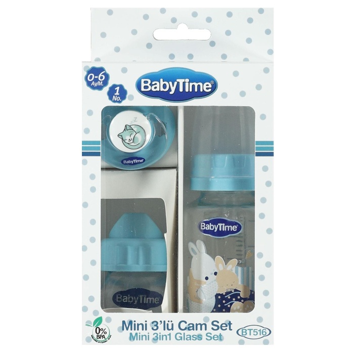 Babytime Mini 3lü Cam Biberon Set 0-6 Ay - Mavi