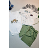 Bebek Kolsuz Çıtçıtlı Body Keten Şort ve Kısa Kol Gömlek 3 Lü Takım Yeşil Hediyelik