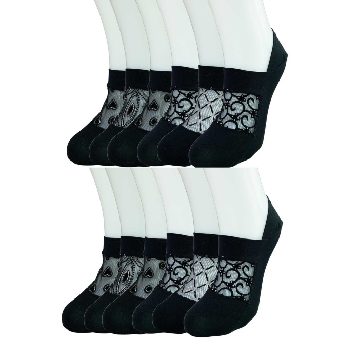 12 Adet Önü Transparan Kadın Fantezi Desenli Babet Çorap