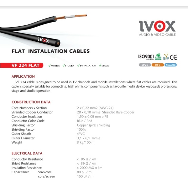 Ivox Vf-224 Twın Flat Installatıon Cable Stereo