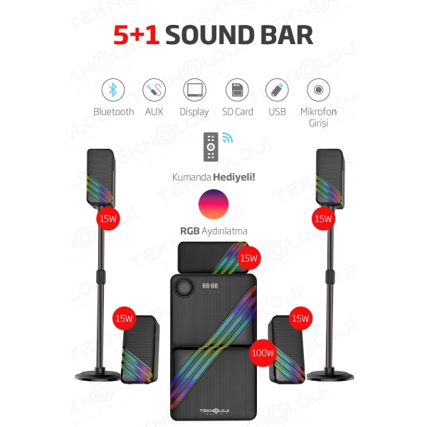 HP-TV03 5+1 Soundbar Ev Sinema Sistemi Stereo Hd Ses Rgb Kablolu 100 Watt AMFİ 15WX5 SOUNDBAR