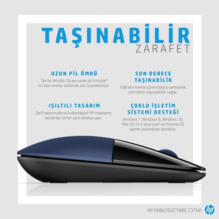 HP Z3700 Kablosuz İnce & Hafif Mouse -  Mavi