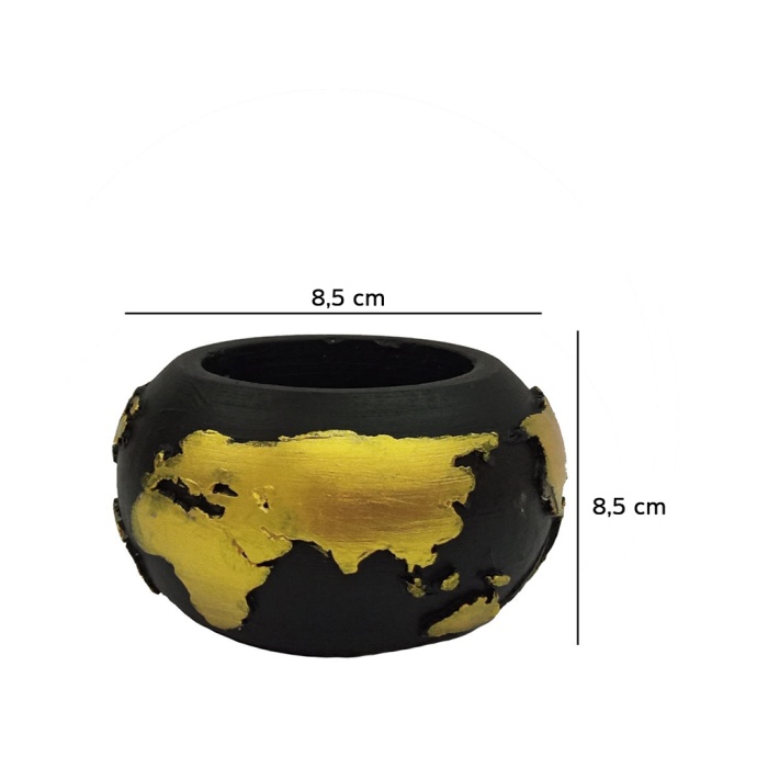 Dünya Figürlü Siyah(Altın Sarısı) Beton Saksı 8,5X8,5 Cm