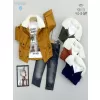 Düğme Kapamalı Yakalı Ceket Uzun Kollu Sweatli Kot Pantolonlu 3lü Erkek Bebek Takımı