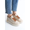 DINA Bağcıklı Fermuarlı Ortopedik Taban Kadın Sneaker Spor Ayakkabı  KT - Krem/Taba/Altın