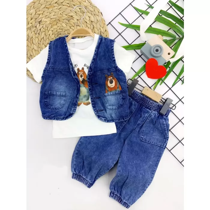 Kot Yelek Ve Pantolonlu Cepli Baskılı Tişört 3lü Erkek Bebek Takımı