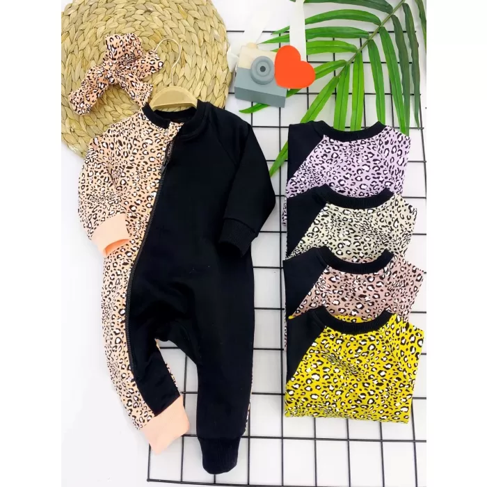 Bandanalı Leopar Desenlı Fermuar Kapama Kız Bebek Tulumu
