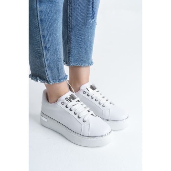 MINA Bağcıklı Ortopedik Taban Kadın Sneaker Spor Ayakkabı  BT - Beyaz/Gümüş