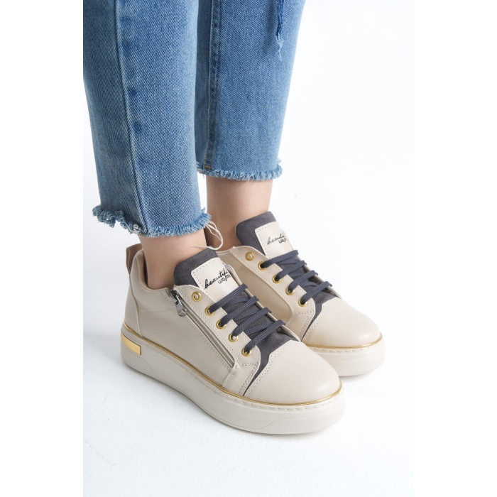 DINA Bağcıklı Fermuarlı Ortopedik Taban Kadın Sneaker Spor Ayakkabı  KT - Krem/Gri/Altın