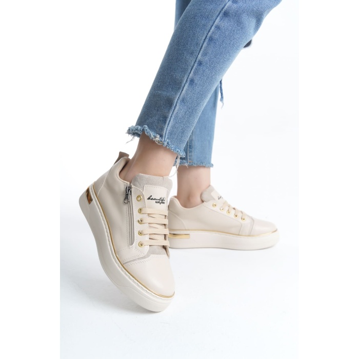 DINA Bağcıklı Fermuarlı Ortopedik Taban Kadın Sneaker Spor Ayakkabı  KT - Krem/Altın