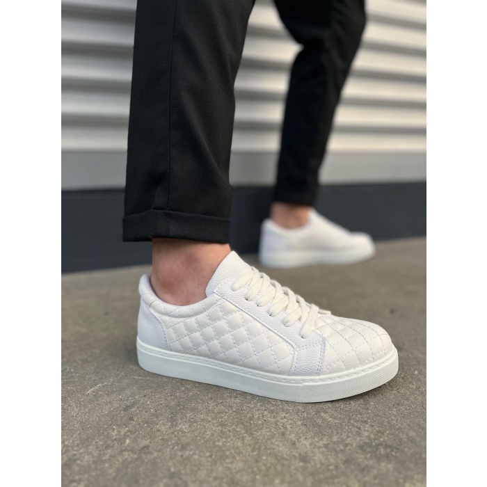 BY166 Prestige Bağcıklı Cilt Kapitone Desenli Erkek Günlük Sneaker Ayakkabı CBT - Beyaz