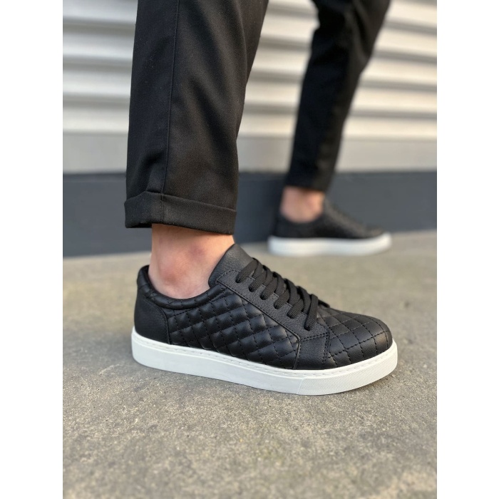 BY166 Prestige Bağcıklı Cilt Kapitone Desenli Erkek Günlük Sneaker Ayakkabı CBT - Siyah