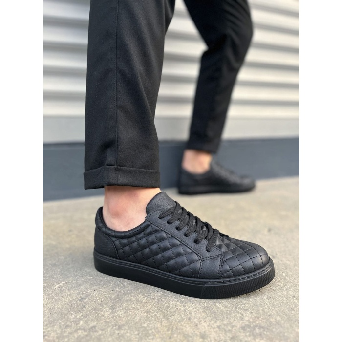 BY166 Prestige Bağcıklı Cilt Kapitone Desenli Erkek Günlük Sneaker Ayakkabı CST - Siyah