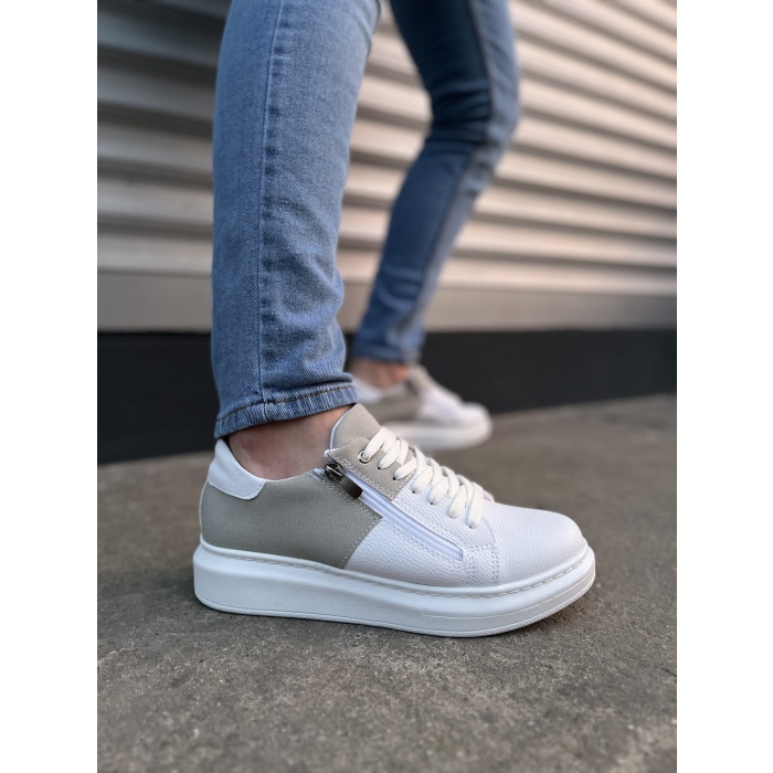 BY155 Warrior Bağcıklı ve Fermuarlı Cilt Süet Erkek Günlük Sneaker Ayakkabı CSBT - Beyaz/Gri