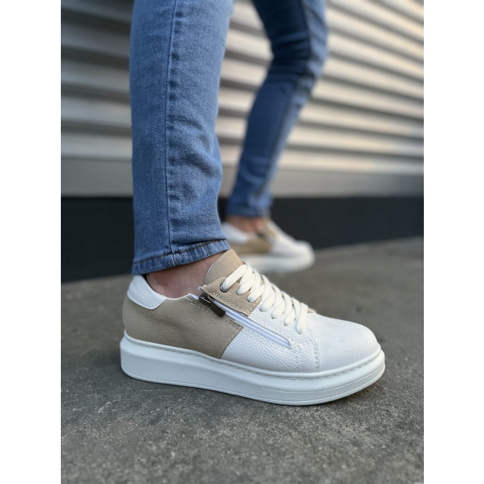 BY155 Warrior Bağcıklı ve Fermuarlı Cilt Süet Erkek Günlük Sneaker Ayakkabı CSBT - Beyaz/Krem