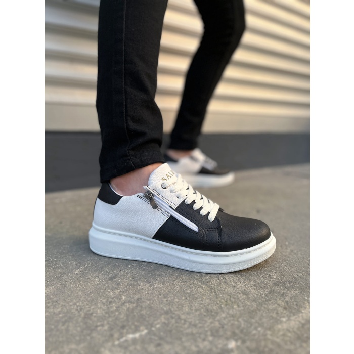 BY155 Warrior Bağcıklı ve Fermuarlı Cilt Erkek Günlük Sneaker Ayakkabı CBT - Beyaz/Siyah