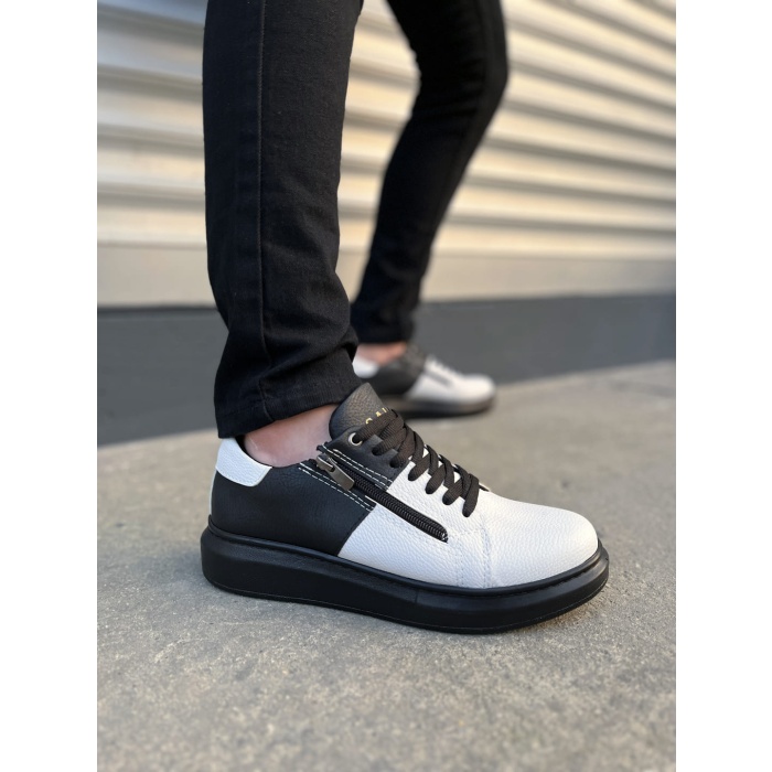 BY155 Warrior Bağcıklı ve Fermuarlı Cilt Erkek Günlük Sneaker Ayakkabı CST - Siyah/Beyaz