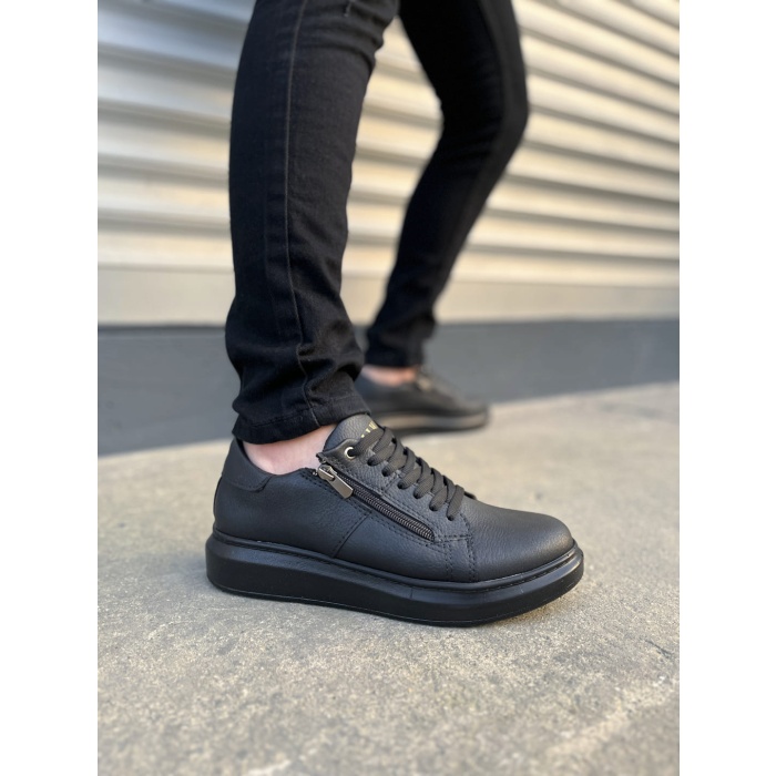 BY155 Warrior Bağcıklı ve Fermuarlı Cilt Erkek Günlük Sneaker Ayakkabı CST - Siyah