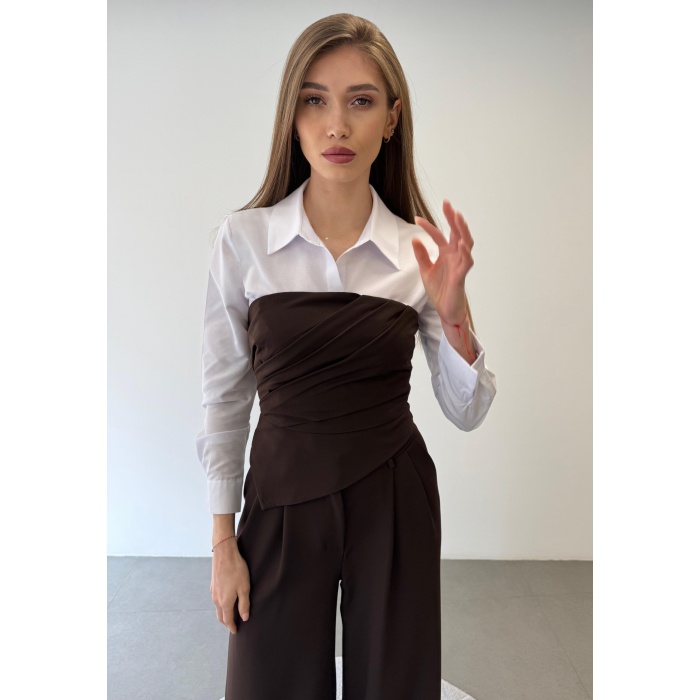 Üçlü Straplez Crop Gömlek Pantolon Takım Elbise