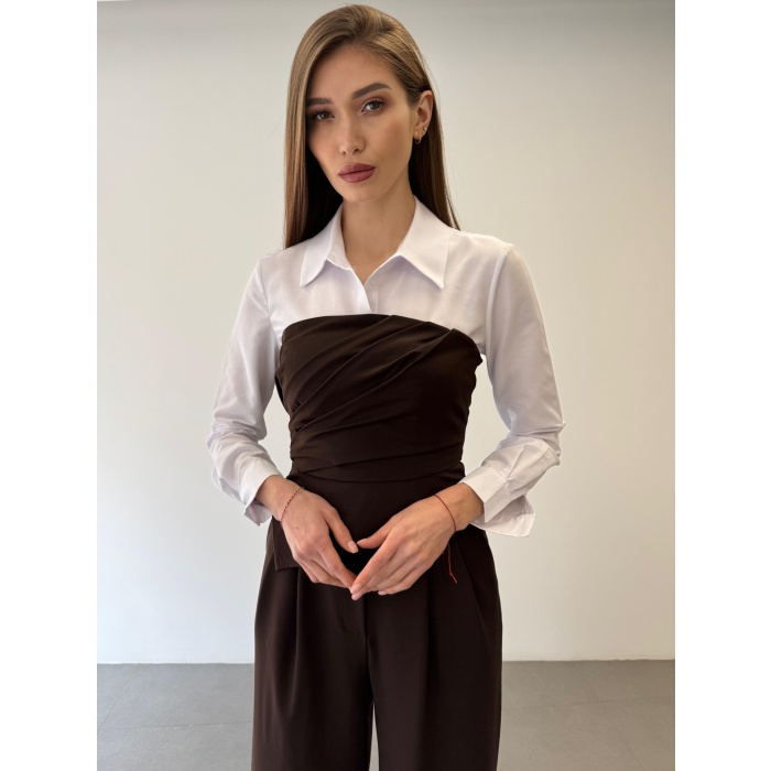 Üçlü Straplez Crop Gömlek Pantolon Takım Elbise