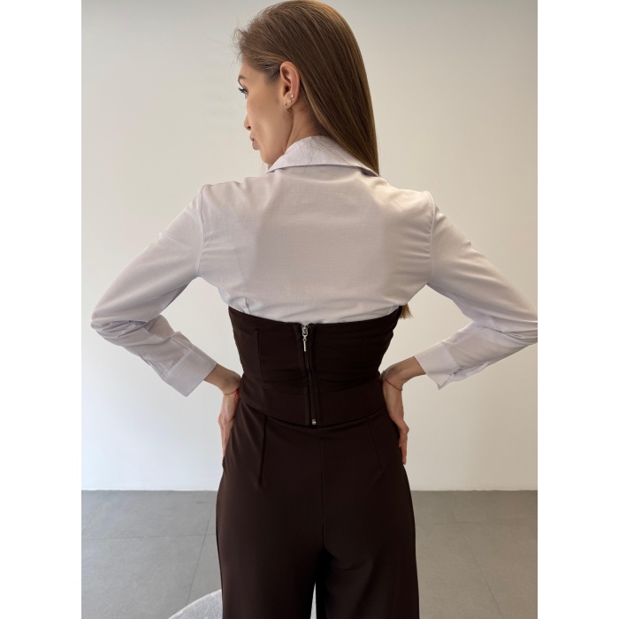 Üçlü Straplez Crop Gömlek Pantolon Takım Elbise
