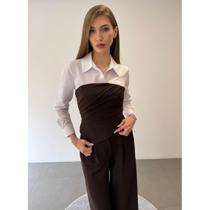 Üçlü Straplez Crop Gömlek Pantolon Takım Elbise
