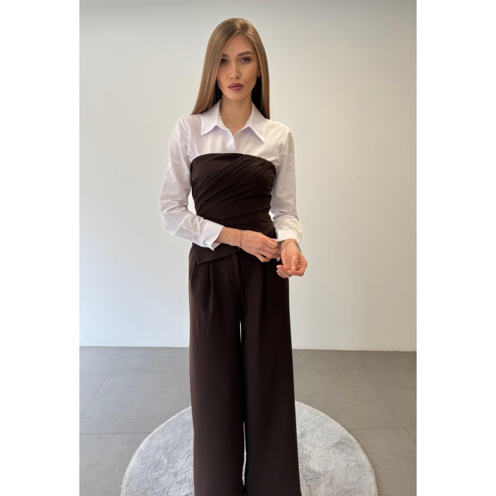 Üçlü Straplez Crop Gömlek Pantolon Takım Elbise