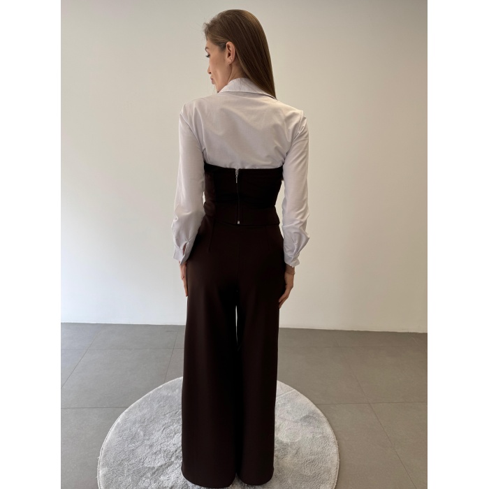 Üçlü Straplez Crop Gömlek Pantolon Takım Elbise