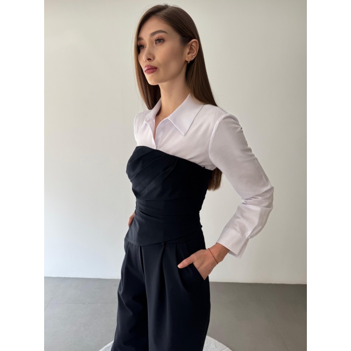 Üçlü Straplez Crop Gömlek Pantolon Takım Elbise