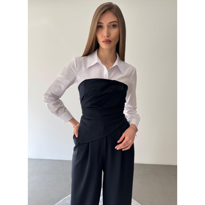 Üçlü Straplez Crop Gömlek Pantolon Takım Elbise