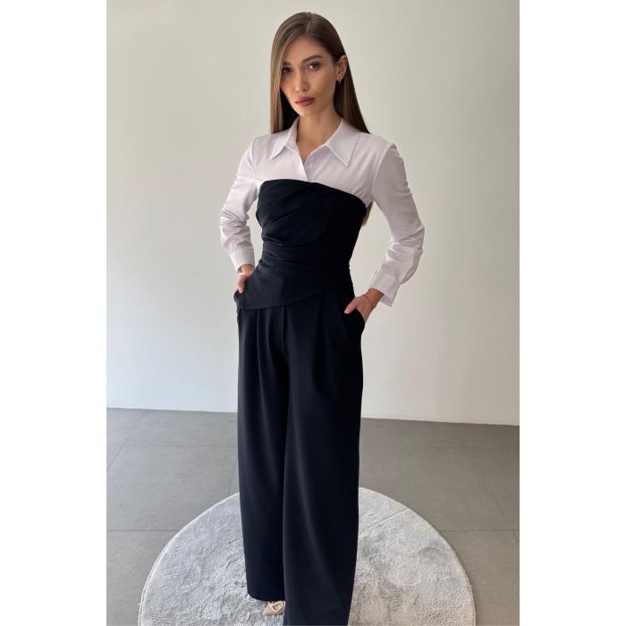 Üçlü Straplez Crop Gömlek Pantolon Takım Elbise