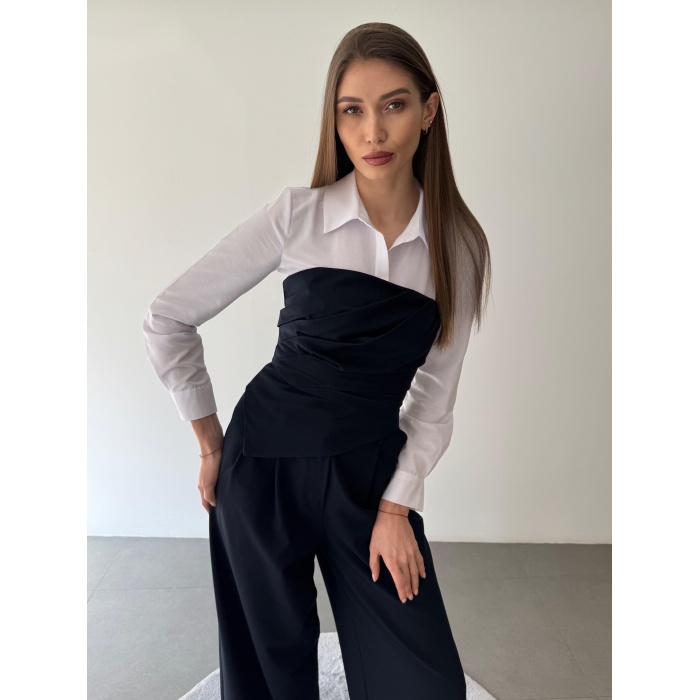 Üçlü Straplez Crop Gömlek Pantolon Takım Elbise