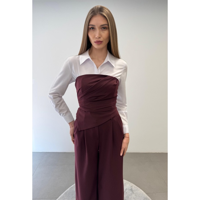 Üçlü Straplez Crop Gömlek Pantolon Takım Elbise