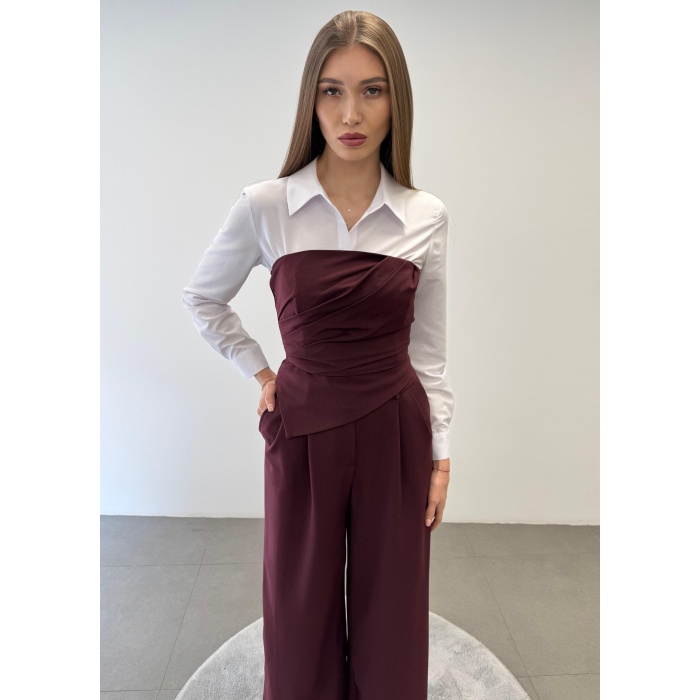 Üçlü Straplez Crop Gömlek Pantolon Takım Elbise
